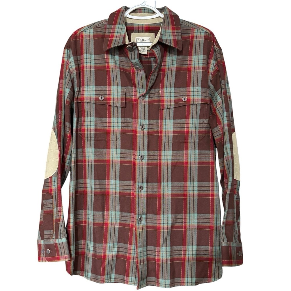 L.L. Bean Flannel Button Down Shirt Medium Elbow Patches Plaid Fall Outdoors